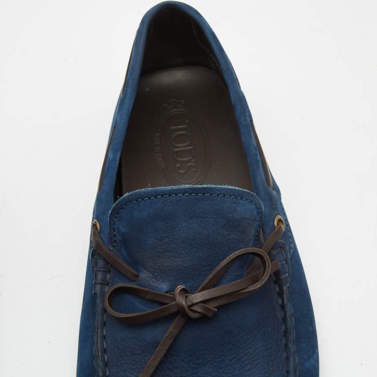 مملوكة مسبقًا Tod's Navy Blue Nubuck Leather Bow Loafers Size 44