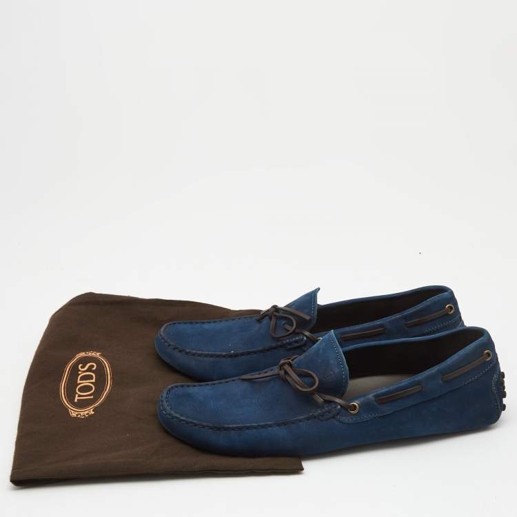 مملوكة مسبقًا Tod's Navy Blue Nubuck Leather Bow Loafers Size 44