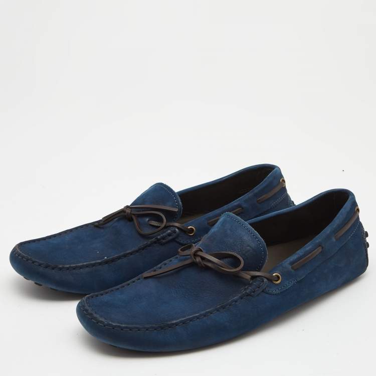 مملوكة مسبقًا Tod's Navy Blue Nubuck Leather Bow Loafers Size 44