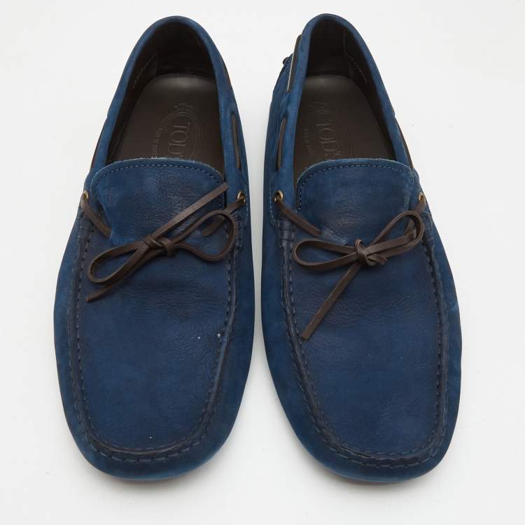 مملوكة مسبقًا Tod's Navy Blue Nubuck Leather Bow Loafers Size 44