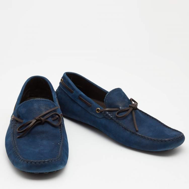 مملوكة مسبقًا Tod's Navy Blue Nubuck Leather Bow Loafers Size 44