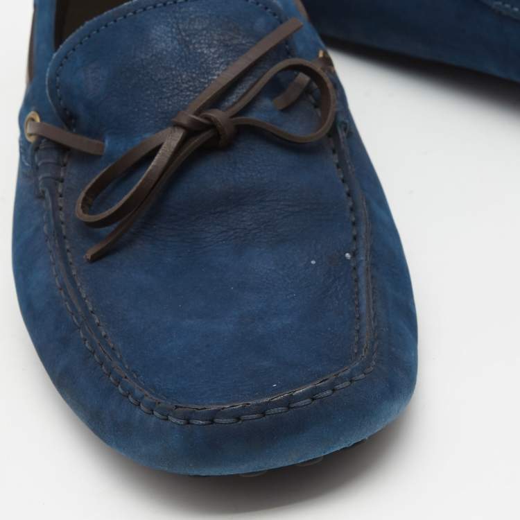 مملوكة مسبقًا Tod's Navy Blue Nubuck Leather Bow Loafers Size 44