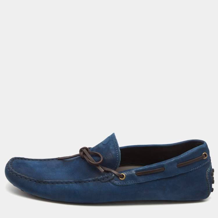 مملوكة مسبقًا Tod's Navy Blue Nubuck Leather Bow Loafers Size 44