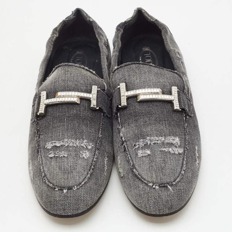 Pre Owned Tod's Dark Grey Denim Double T Crystal Embellished Loafers Size 41