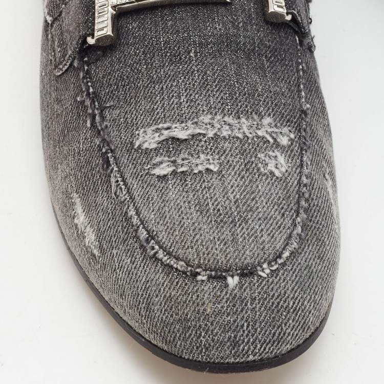 Pre Owned Tod's Dark Grey Denim Double T Crystal Embellished Loafers Size 41