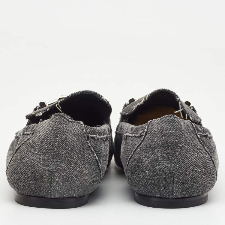 Pre Owned Tod's Dark Grey Denim Double T Crystal Embellished Loafers Size 41