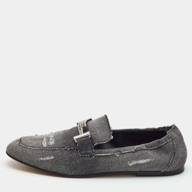 Pre Owned Tod's Dark Grey Denim Double T Crystal Embellished Loafers Size 41