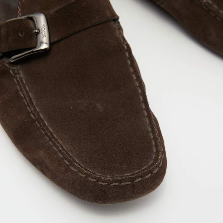 Pre Owned Tod's Brown Suede Buckle Driver Loafers Size 44.5