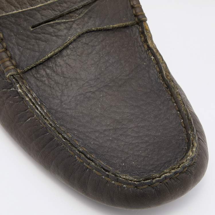 Pre Owned Tod's Olive Green Leather Penny Slip On Loafers Size 40