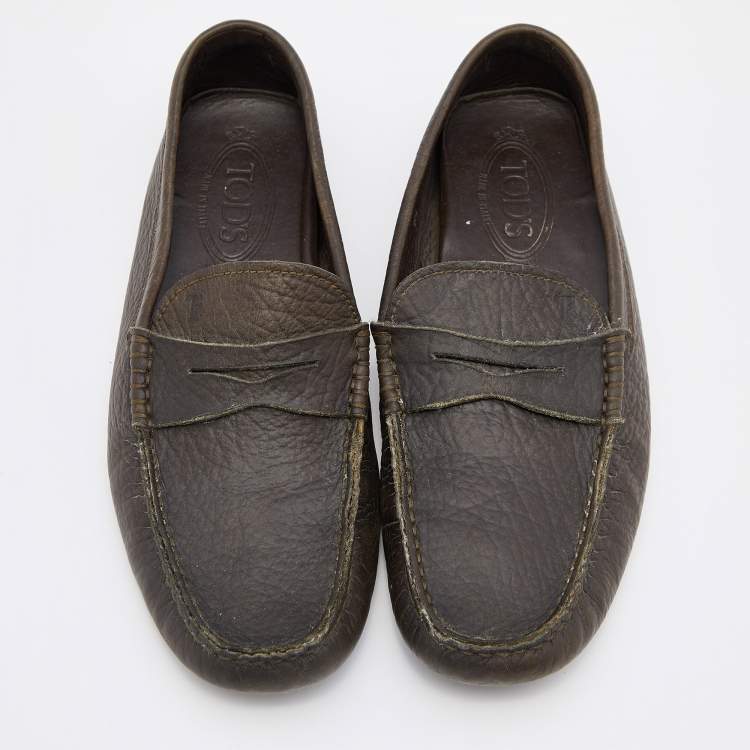Pre Owned Tod's Olive Green Leather Penny Slip On Loafers Size 40
