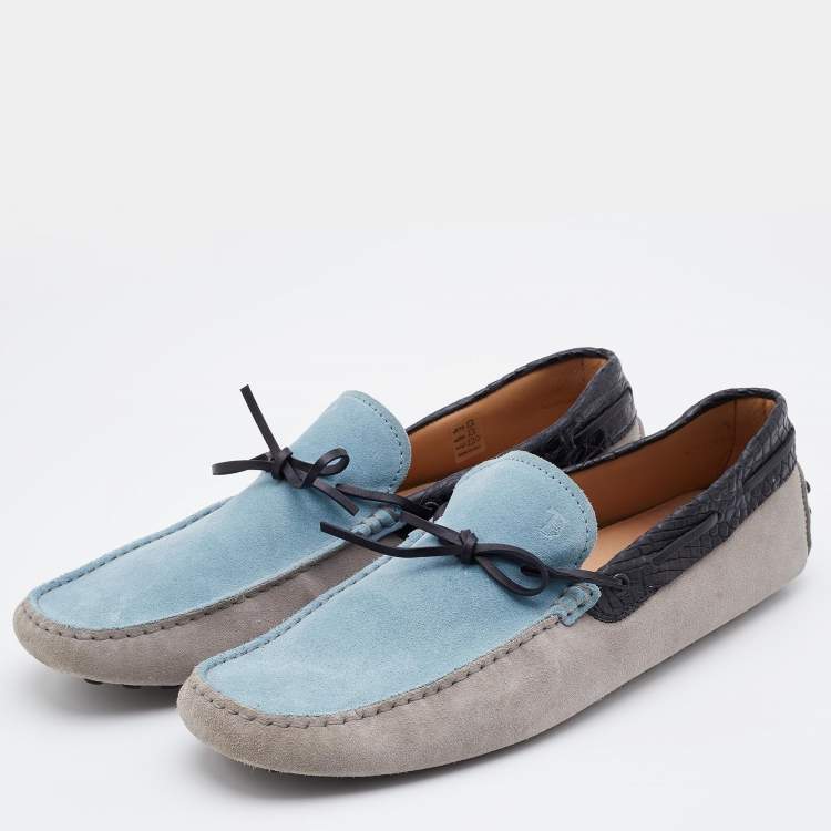 Pre Owned Tod's Tri Color Suede and Croc Embossed Leather Bow Gommino Loafers Size 45.5