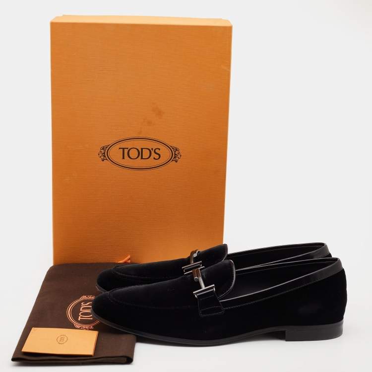 Pre Owned Tod's Black Velvet and Leather Double T Slip On Loafers Size 42