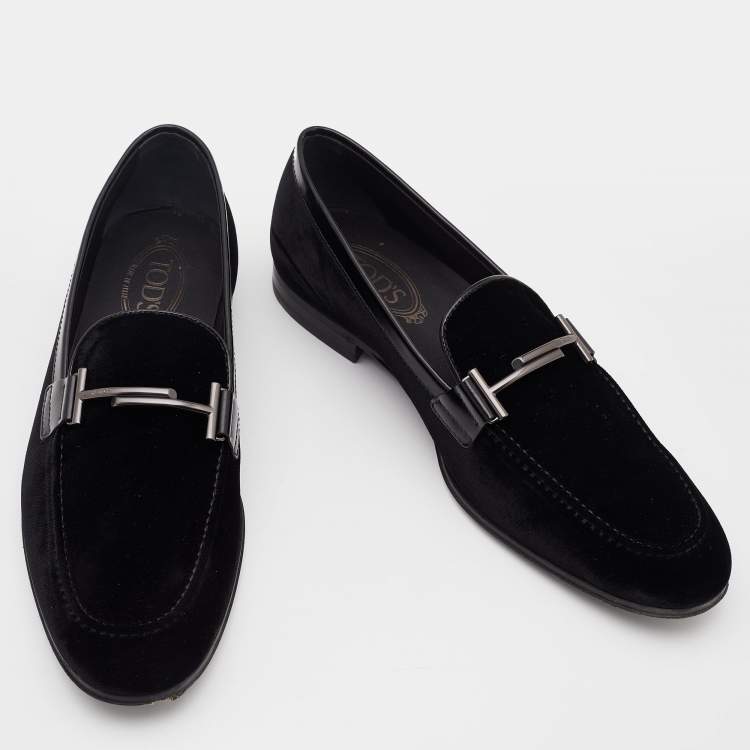 Pre Owned Tod's Black Velvet and Leather Double T Slip On Loafers Size 42