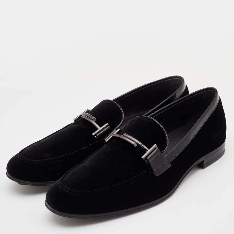Pre Owned Tod's Black Velvet and Leather Double T Slip On Loafers Size 42