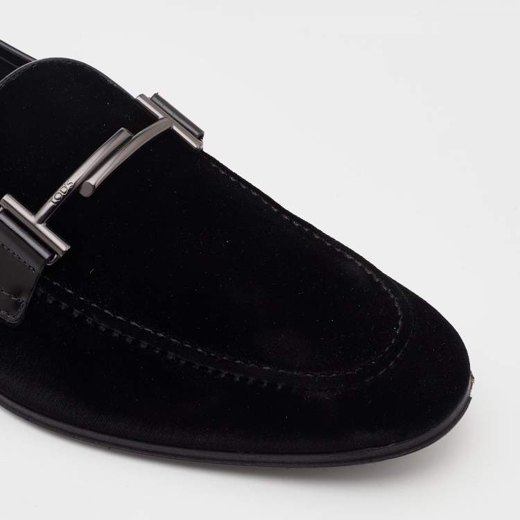 Pre Owned Tod's Black Velvet and Leather Double T Slip On Loafers Size 42