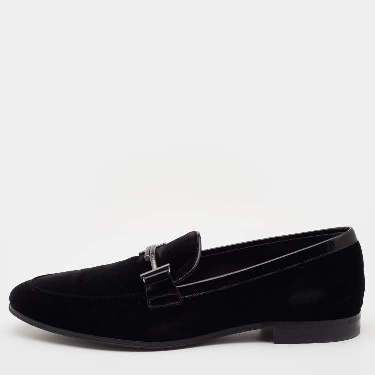 Pre Owned Tod's Black Velvet and Leather Double T Slip On Loafers Size 42