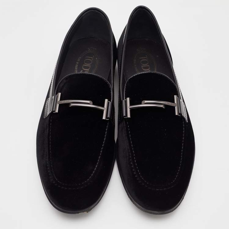Pre Owned Tod's Black Velvet and Leather Double T Slip On Loafers Size 42