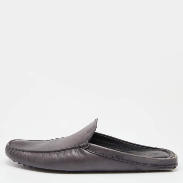 Pre Owned Tod's Metallic Grey Leather Flat Loafer Mules Size 45.5