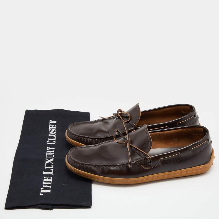Pre Owned Tods  Brown Leather Bow Slip On Loafers Size 42.5