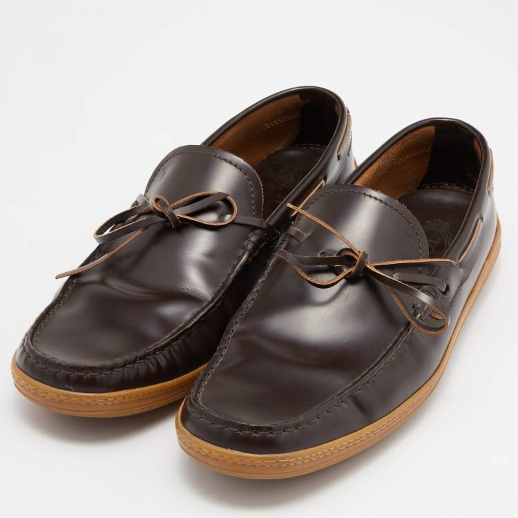Pre Owned Tods  Brown Leather Bow Slip On Loafers Size 42.5