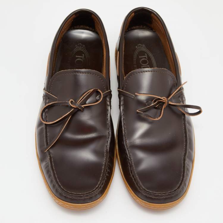 Pre Owned Tods  Brown Leather Bow Slip On Loafers Size 42.5