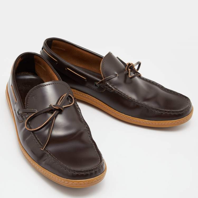 Pre Owned Tods  Brown Leather Bow Slip On Loafers Size 42.5