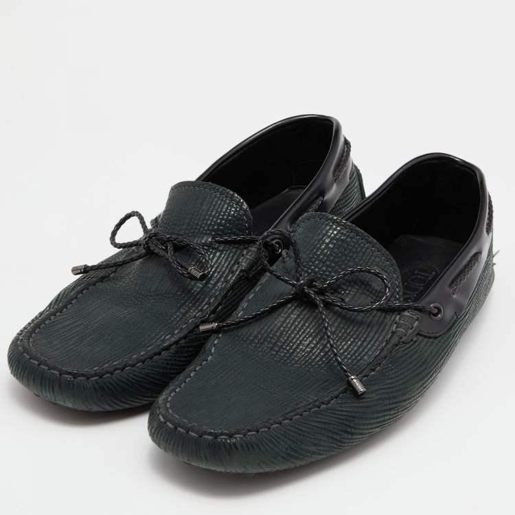 Pre Owned Tod's Black/Green Leather Bow Slip on Loafers Size 42