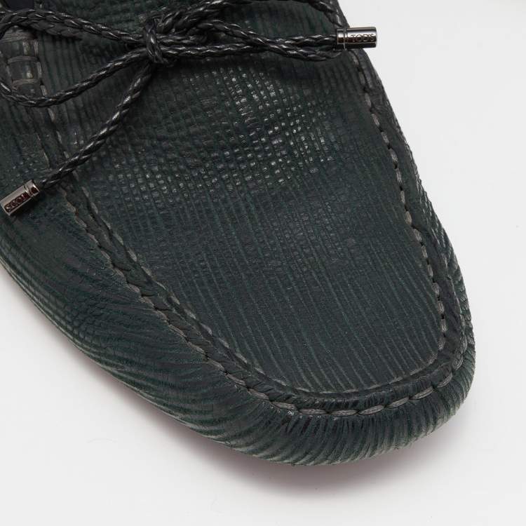 Pre Owned Tod's Black/Green Leather Bow Slip on Loafers Size 42