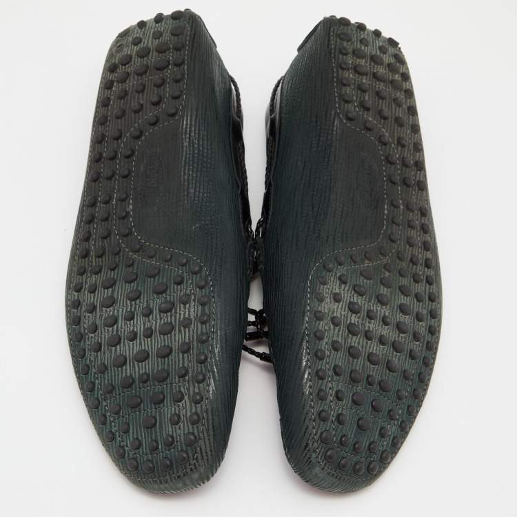 Pre Owned Tod's Black/Green Leather Bow Slip on Loafers Size 42