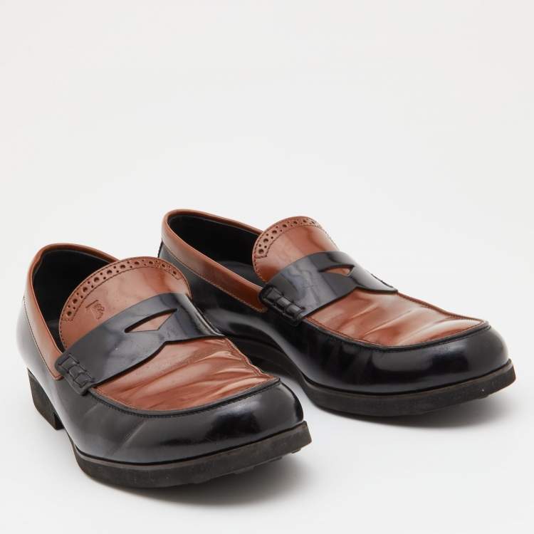 Pre Owned Tod's Brown/Black Leather Slip on Loafers Size 42