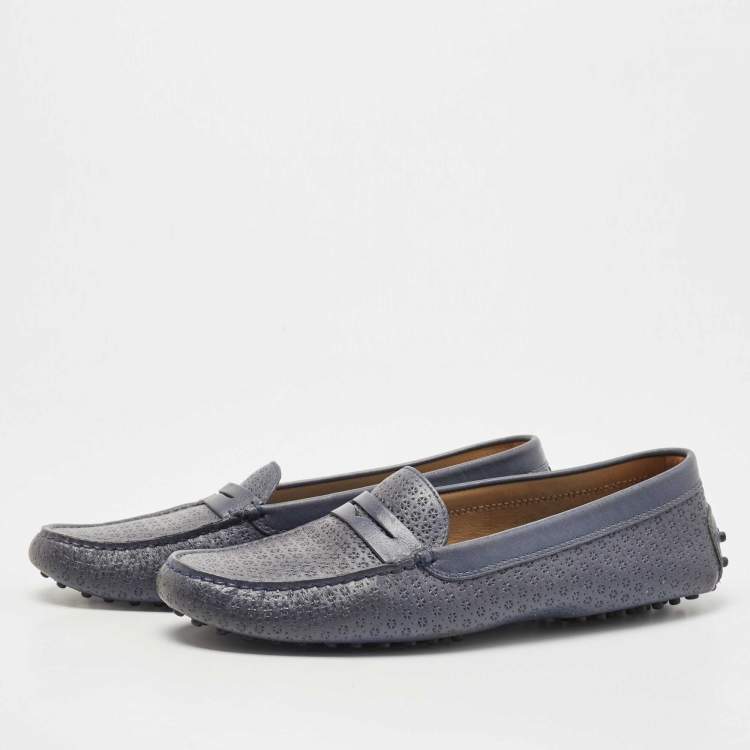 Pre Owned Tod's Blue Textured Leather Penny Slip On Loafers Size 40.5