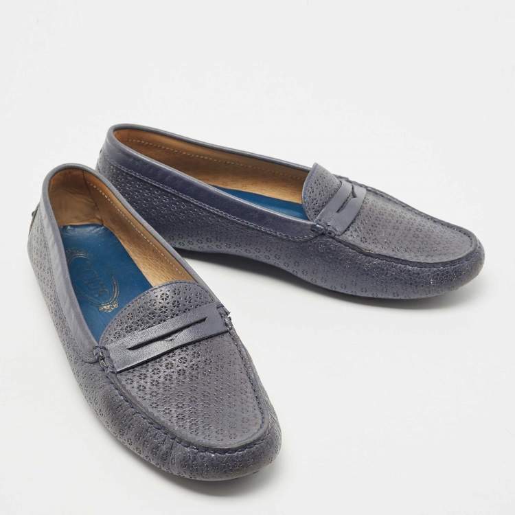Pre Owned Tod's Blue Textured Leather Penny Slip On Loafers Size 40.5