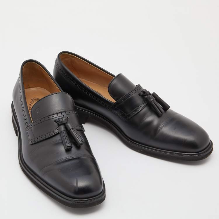 Pre Owned Tod's Black Leather Tassel Loafers Size 39.5