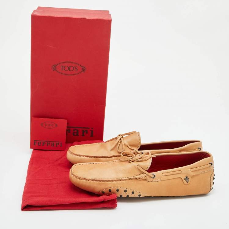 Pre Owned Tod's For Ferrari Beige Leather Gommino Driving Loafers Size 45