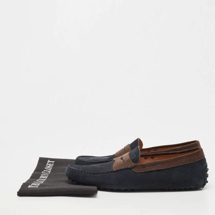 مملوكة مسبقًا Tod's Navy Blue/Brown Suede Gommino Loafers Size 42