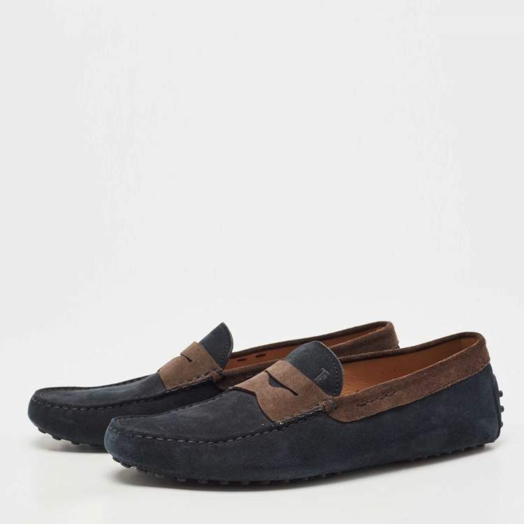 مملوكة مسبقًا Tod's Navy Blue/Brown Suede Gommino Loafers Size 42