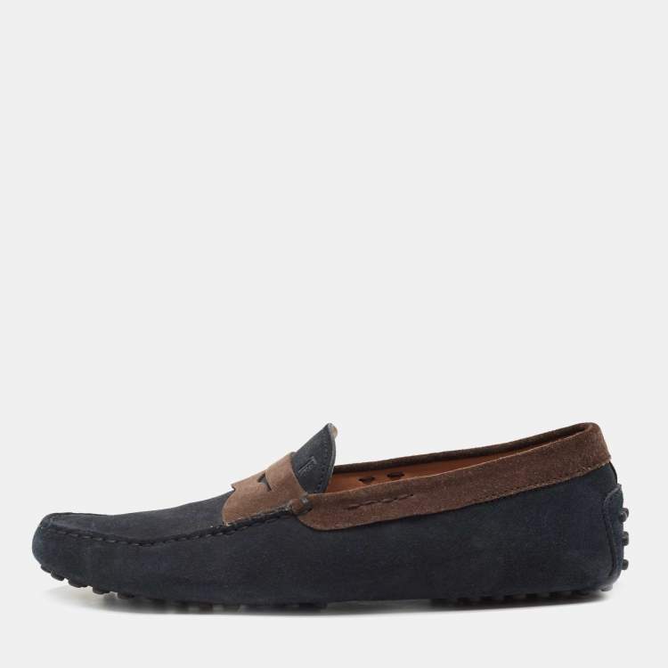 مملوكة مسبقًا Tod's Navy Blue/Brown Suede Gommino Loafers Size 42