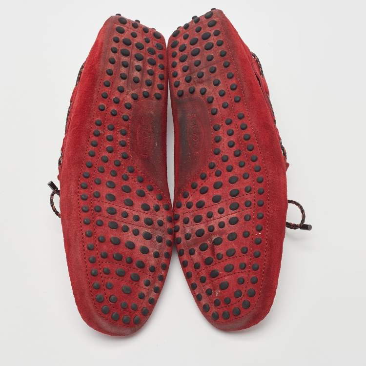 Pre Owned Tod's Red Suede Bow Slip On Loafers Size 43