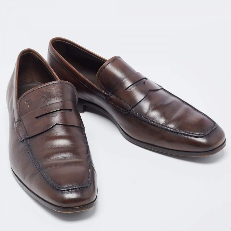Pre Owned Tod's Brown Leather Penny Slip On Loafers Size 44.5