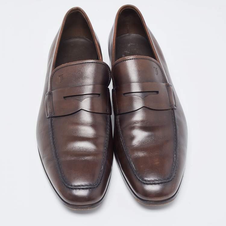 Pre Owned Tod's Brown Leather Penny Slip On Loafers Size 44.5