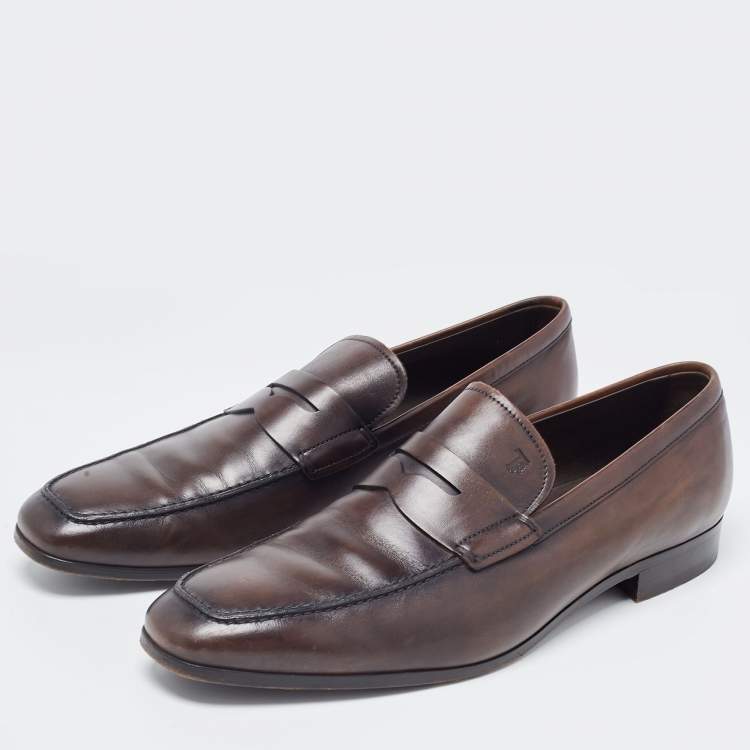 Pre Owned Tod's Brown Leather Penny Slip On Loafers Size 44.5