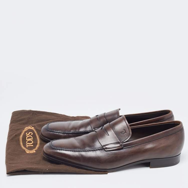 Pre Owned Tod's Brown Leather Penny Slip On Loafers Size 44.5