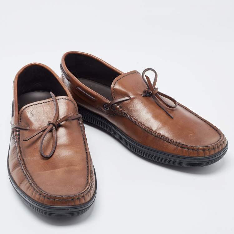 Pre Owned Tod's Brown Leather Bow Slip On Loafers  Size 42