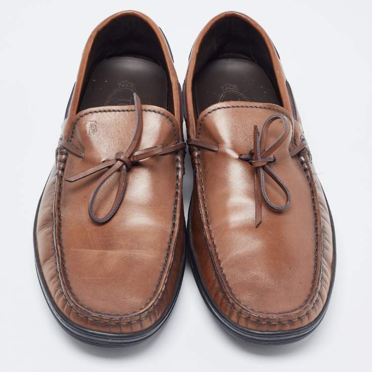 Pre Owned Tod's Brown Leather Bow Slip On Loafers  Size 42
