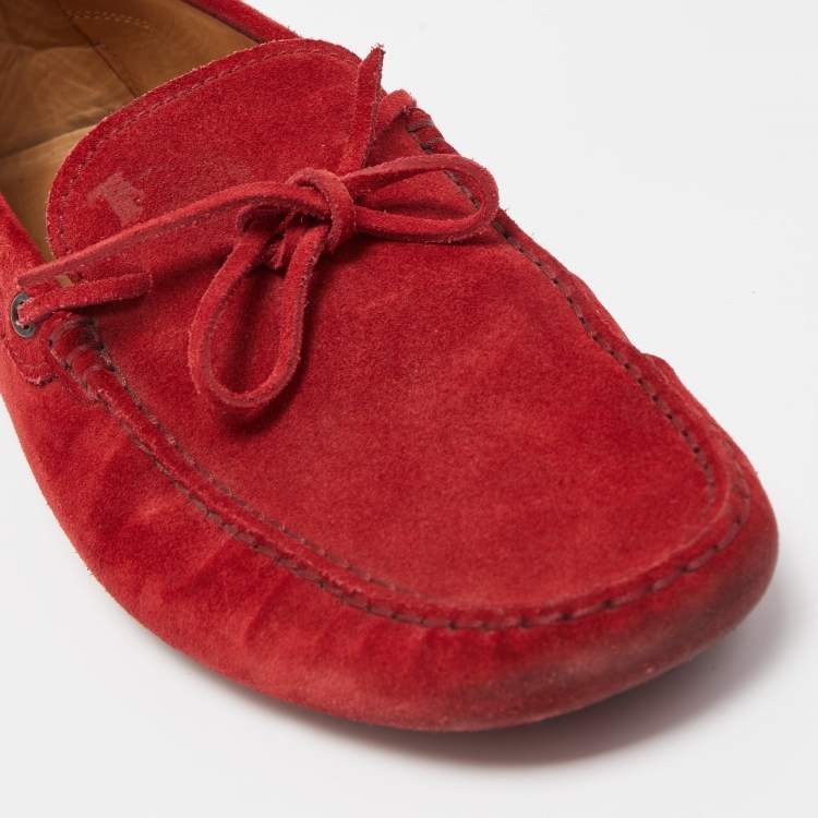 Pre Owned Tod's Red Suede Bow Detail Driving Loafers Size 42.5