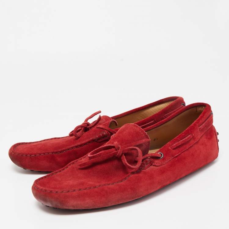 Pre Owned Tod's Red Suede Bow Detail Driving Loafers Size 42.5