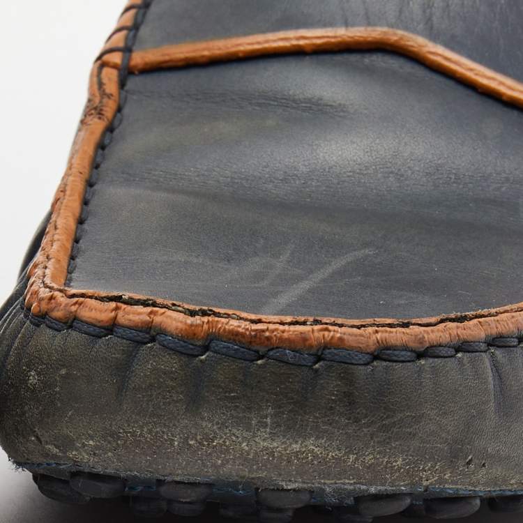 Pre Owned Tod's Dark Grey/Orange Leather Gommino Slip On Loafers Size 42