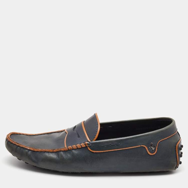 Pre Owned Tod's Dark Grey/Orange Leather Gommino Slip On Loafers Size 42