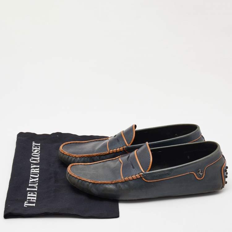 Pre Owned Tod's Dark Grey/Orange Leather Gommino Slip On Loafers Size 42