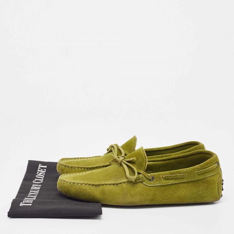 Pre Owned Tod's Olive Green Suede Bow Slip On Loafers Size 42